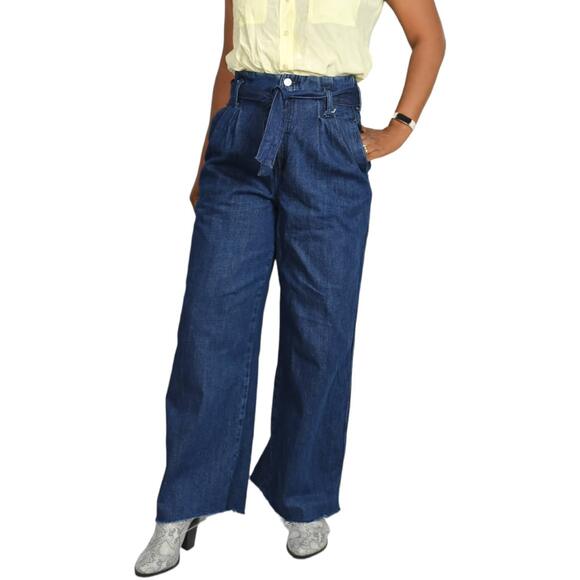 Zara Trouser Jeans Paperbag Waist Belted High Rise Pleated Wide Leg Flare Size 2 - Picture 10 of 15